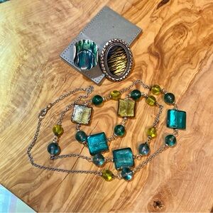 Glass Bead Necklace with 2 Rings Set